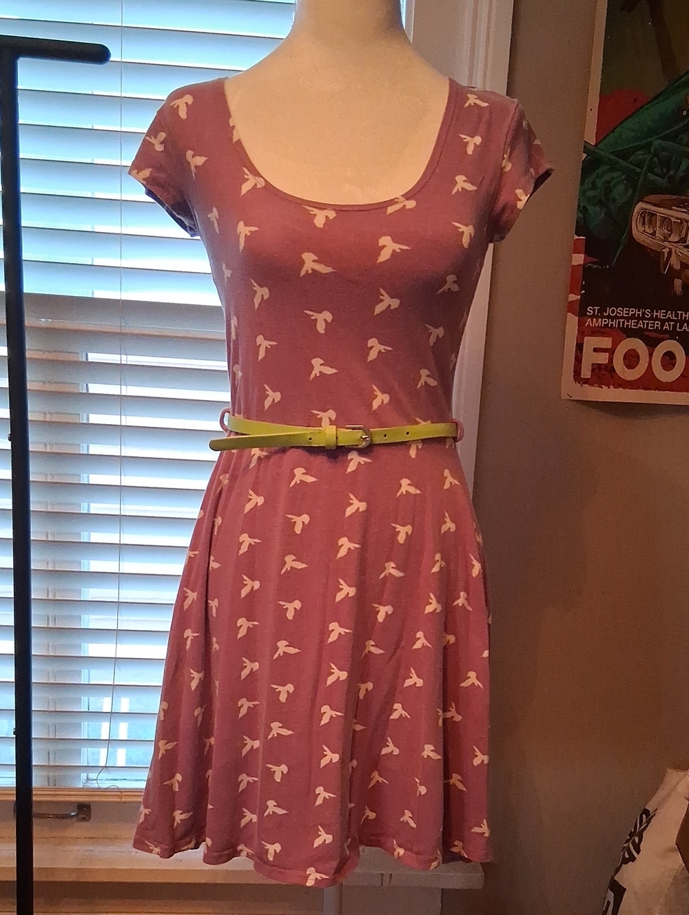Derek Heart Mauve Pink Scoop-Neck Fit & Flare Dress with Bird Motif